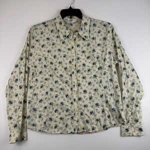 Atlast Classics Womens L Floral Button Down Shirt Cotton Lace Trim Cream Blue*